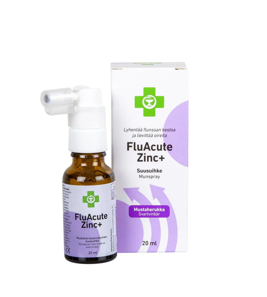 Apteekki Fluacute Zinc+ Mustaherukka, Sinkkiasetaattisuusuihke