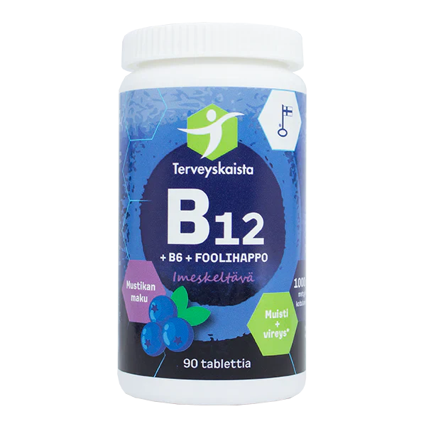 Terveyskaista B12+B6+Foolihappo, mustikka (imeskeltävä) 90 tabl