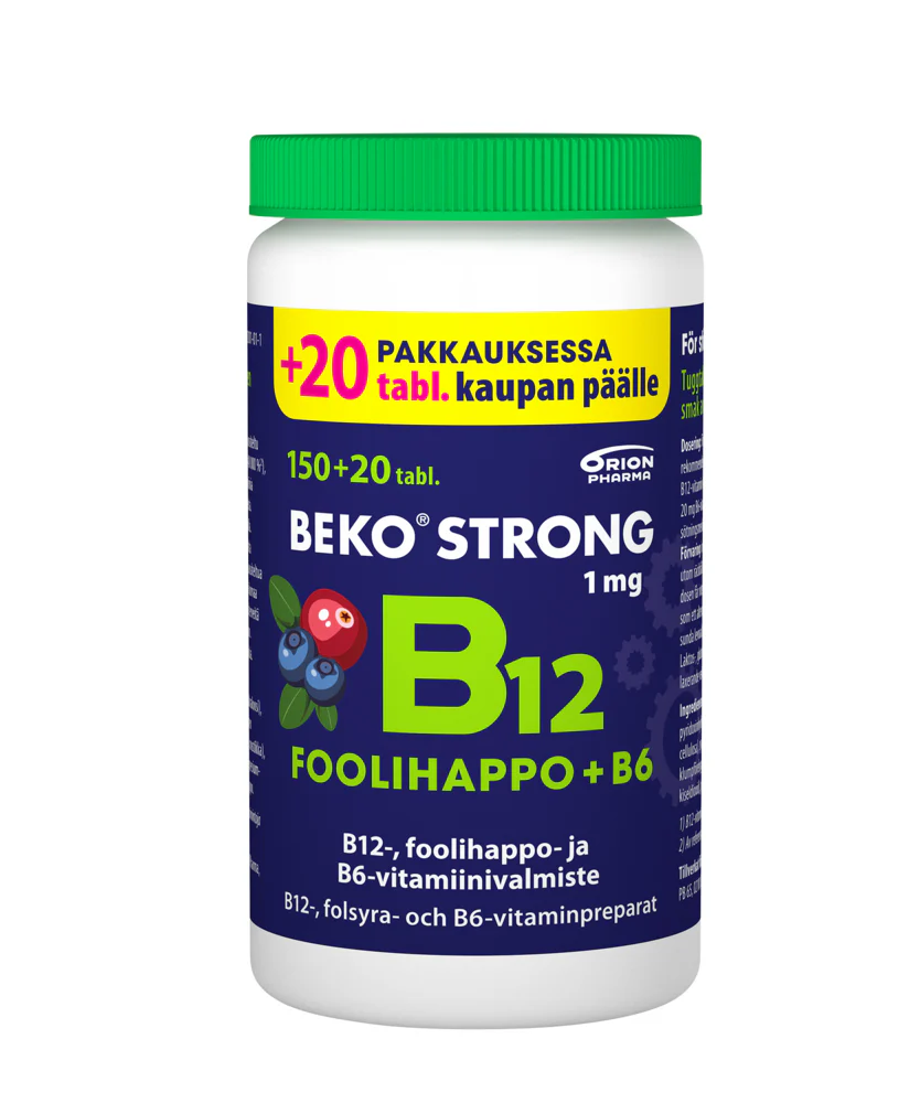 Beko Strong B12+foolihappo+B6 mustikka-karpalo KAMPANJAPAKKAUS 150+20 purutabl