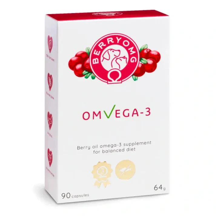 BERRYOMG OMvEGA-3 kasvipohjainen omega-3-rasvahappovalmiste koirille ja kissoille
