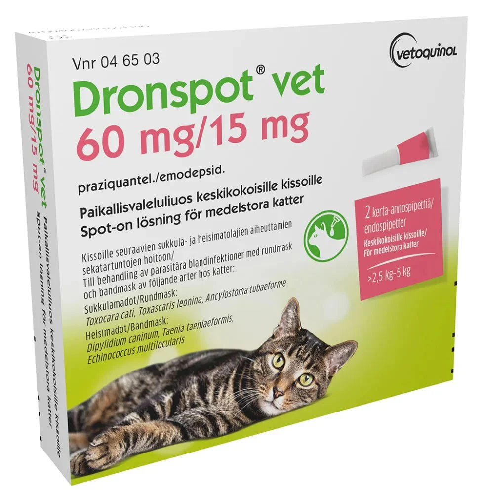 Dronspot Vet 15 mg/60 mg Paikallisvaleluliuos Keskikokoisille Kissoille