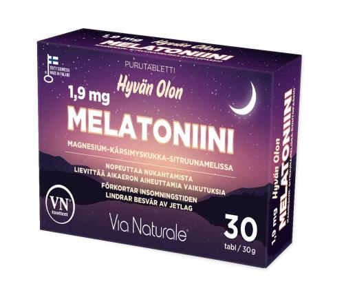 Hyvän Olon Melatoniini 1,9 mg, Magnesium-Kärsimyskukka-Sitruunamelissa tabletti 30 kpl