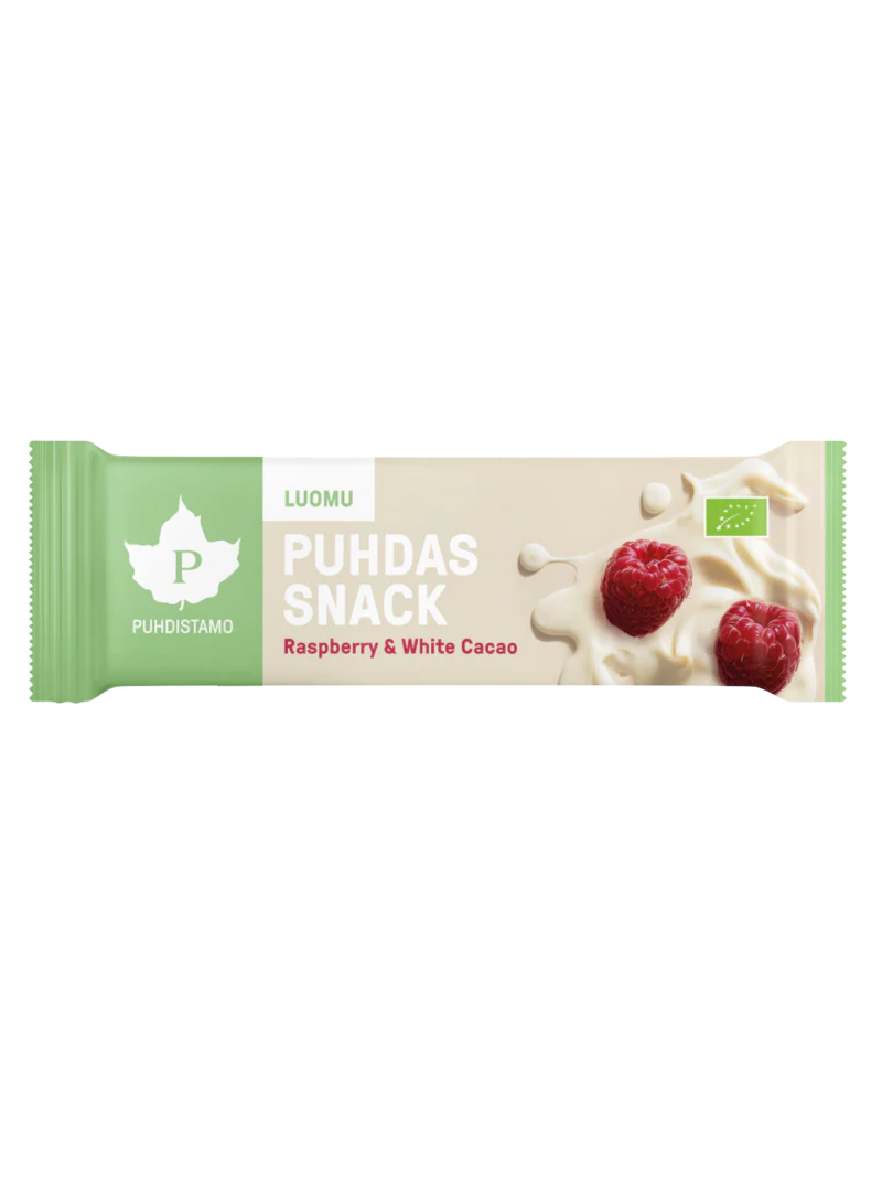 Puhdistamo Puhdas Snack -patukka, Raspberry & White Cacao, Luomu, 40g