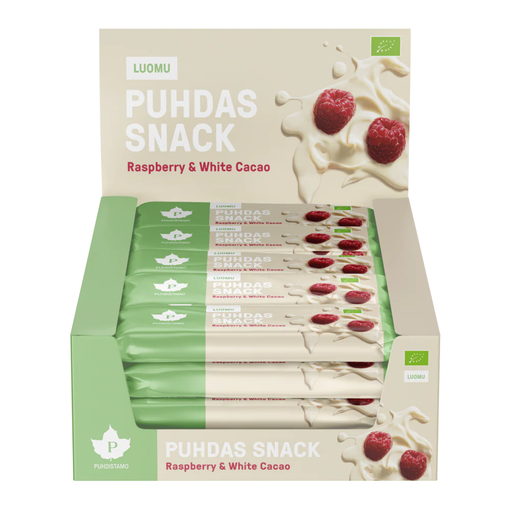 Puhdistamo Puhdas Snack -patukka, Raspberry & White Cacao, Luomu, 40g - Image 2